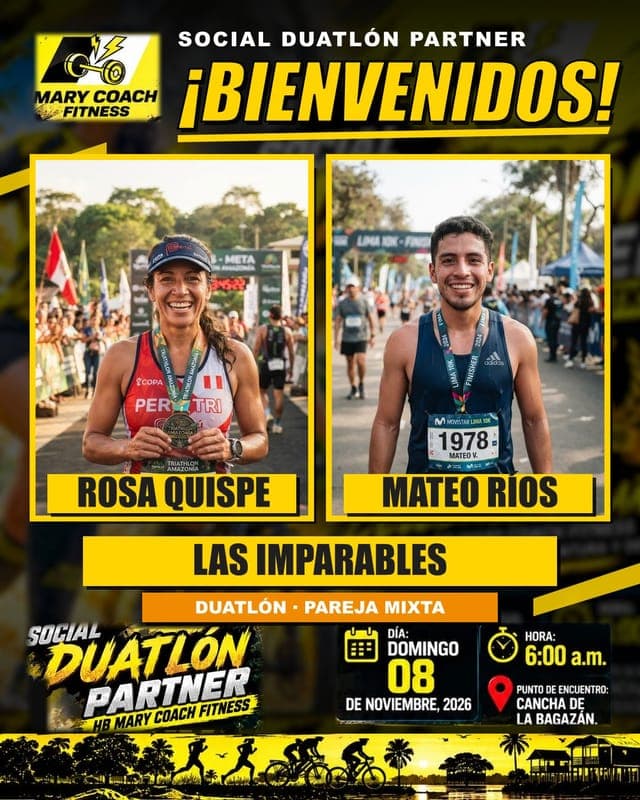 Flyer de bienvenida del Social Duatlón Partner · pareja con un corredor de ejemplo