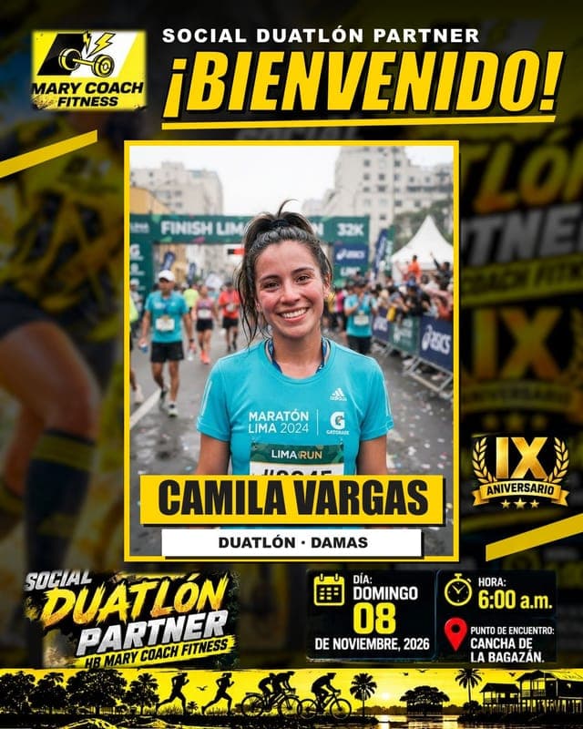 Flyer de bienvenida del Social Duatlón Partner con un corredor de ejemplo