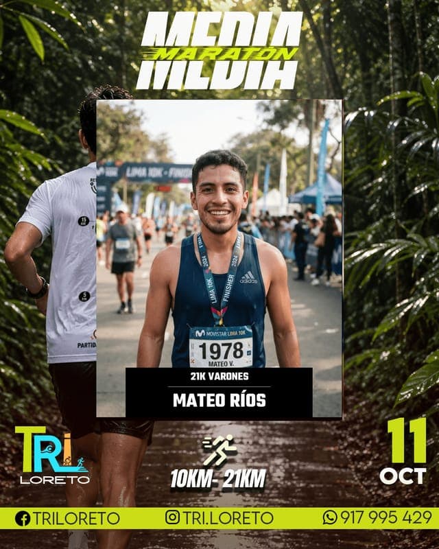 Flyer de bienvenida del Media Maratón Loreto con un corredor de ejemplo
