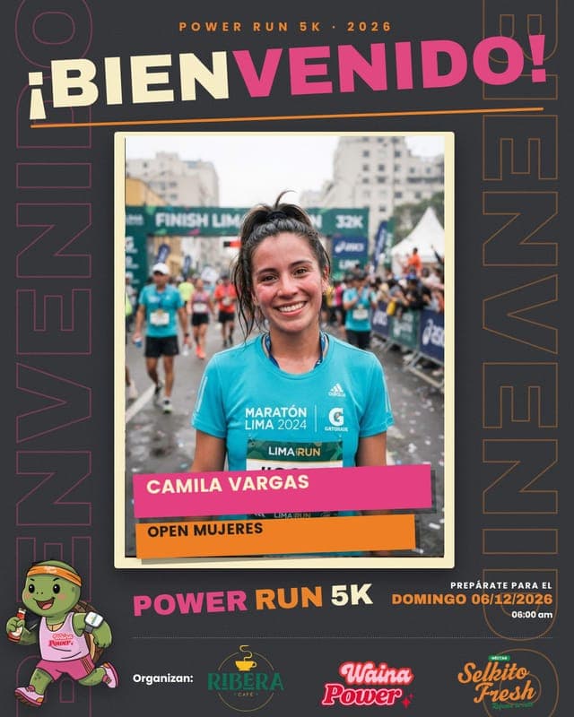 Flyer de bienvenida del Power Run 5K con un corredor de ejemplo